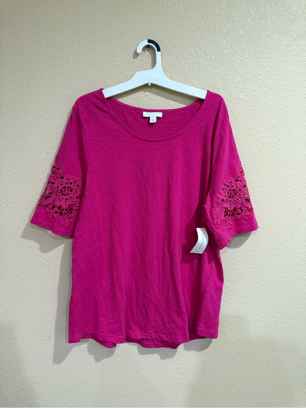Charter Club Fuchsia Crochet Sleeve Short-Sleeve Tee NEW